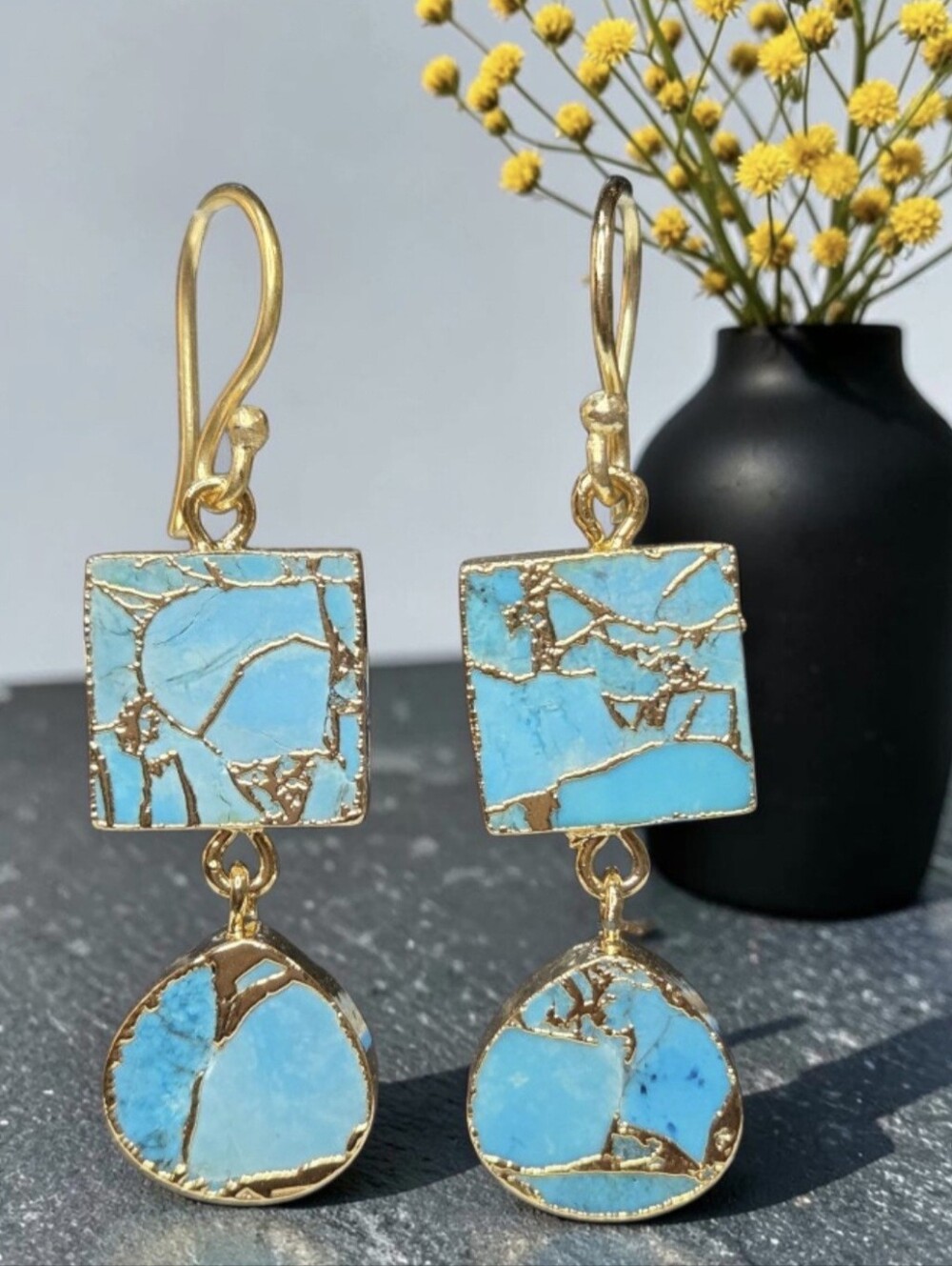 18k Gold Plated Artisan Genuine Mohave Turquoise Drop Dangle Earrings